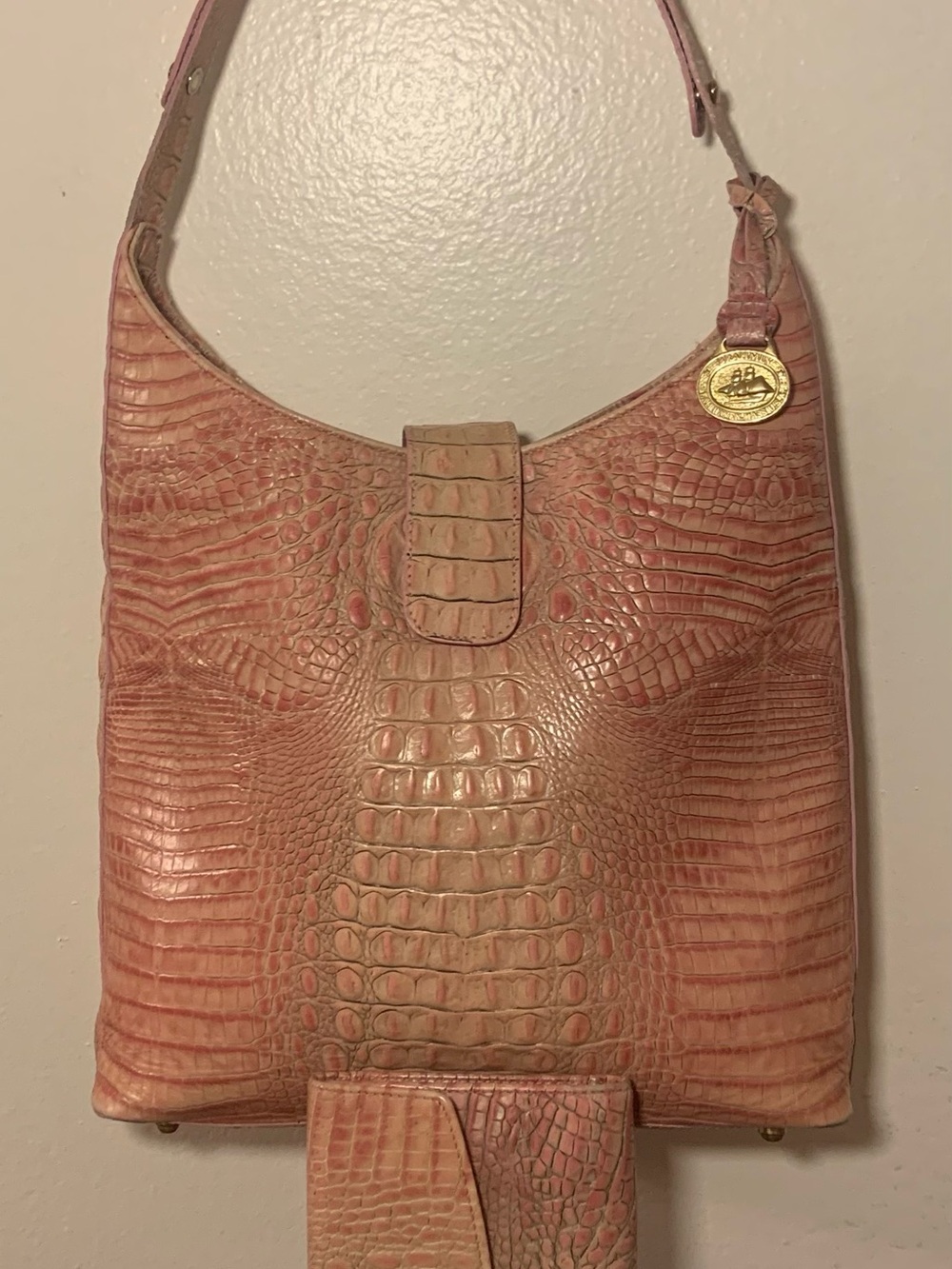 Pink Croc-Embossed Leather Shoulder Bag - Branded